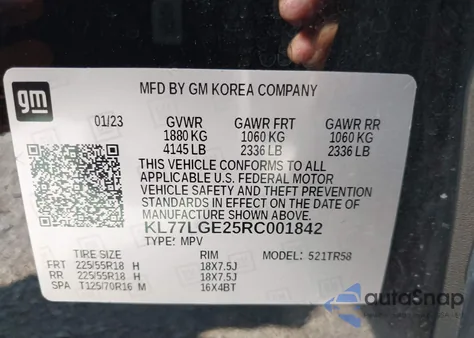 2024 Chevrolet Trax Fwd 1Rs z USA, uszkodzony, nr VIN KL77LGE25RC001842